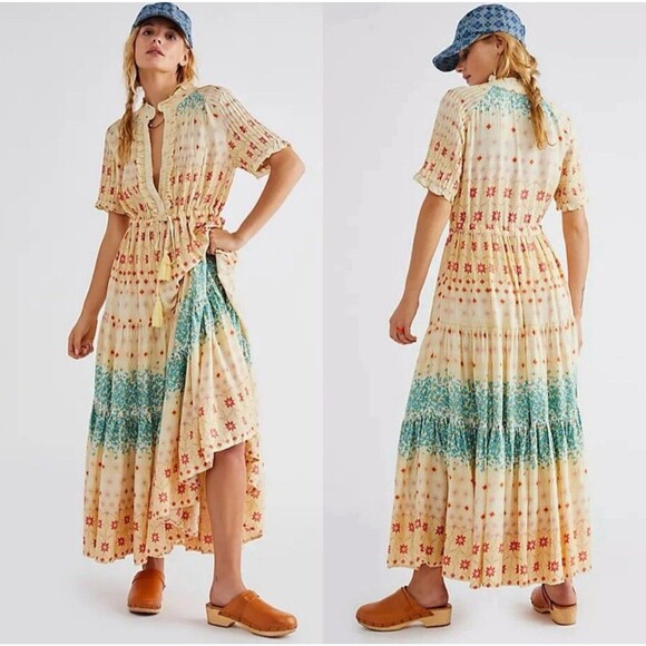 Free People Dresses & Skirts - Free People Rare Feeling Maxi Dress Small Short Sleeve Floral Flare Western Boho